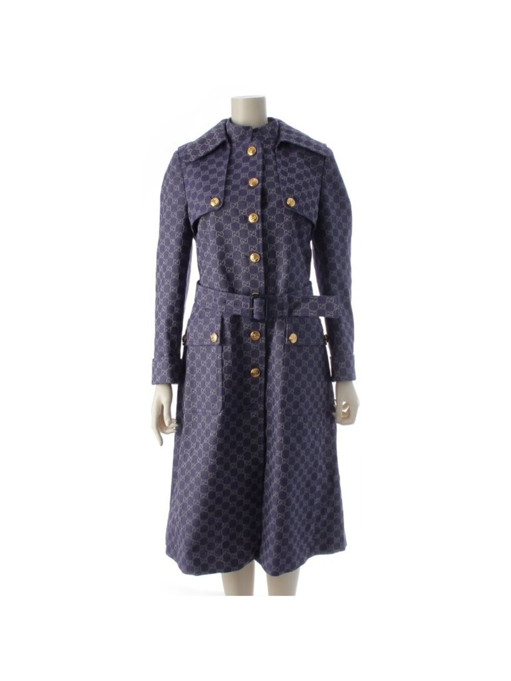 Gucci Cotton GG Jacquard Denim Belt Long Coat Blue 40